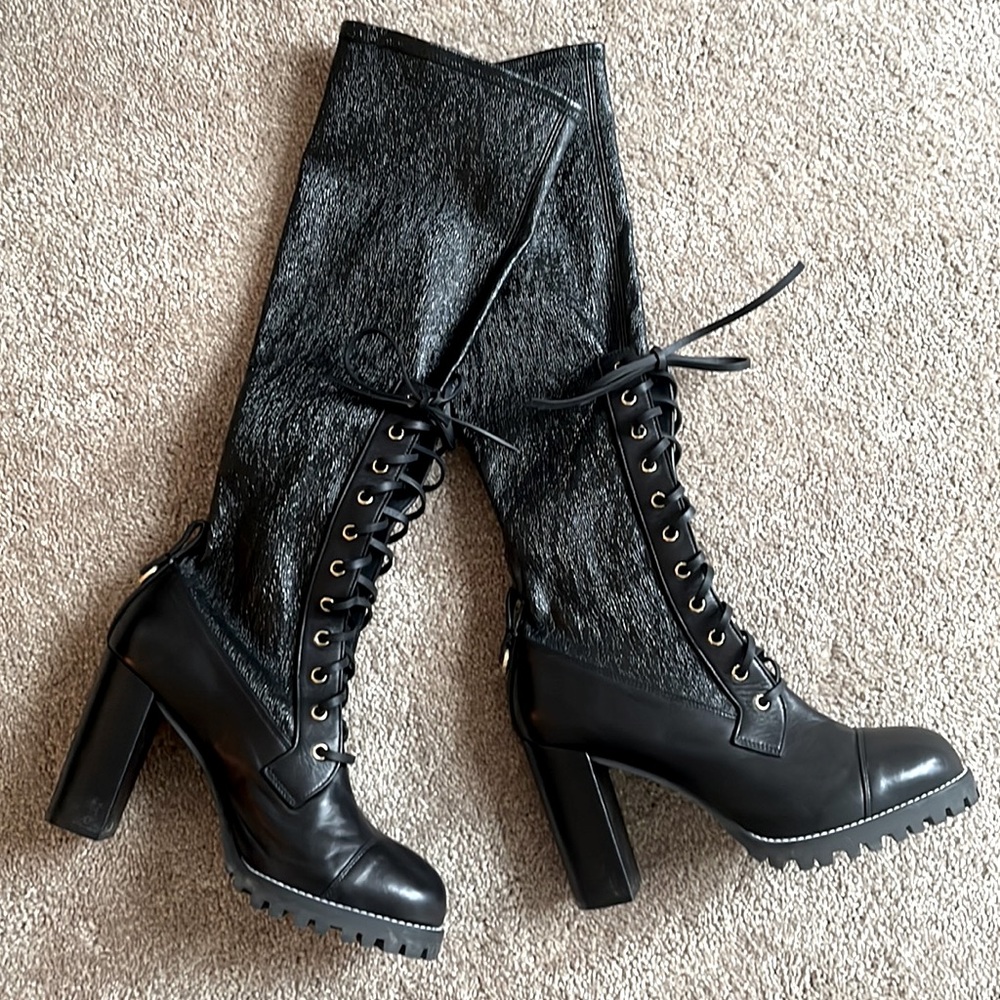 Stuart Weitzman Black Pippa Lace-up Stretch Leather Boots